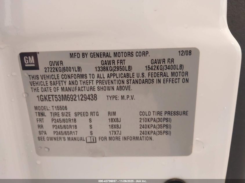 2009 GMC Envoy Denali VIN: 1GKET53M692129438 Lot: 43796057