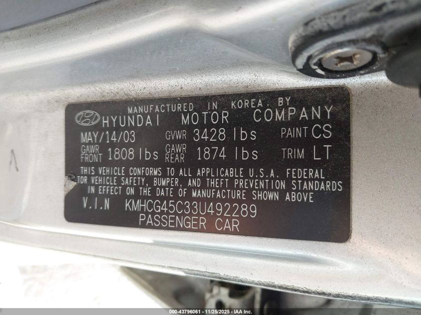 2003 Hyundai Accent Gl VIN: KMHCG45C33U492289 Lot: 43796061