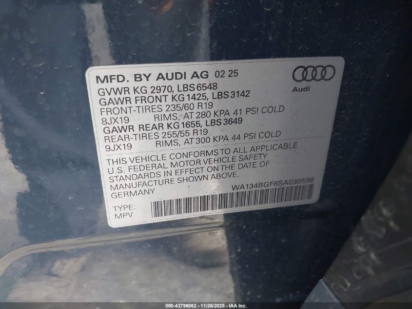 2025 Audi Q6 E-Tron Prestige Quattro VIN: WA134BGF8SA036596 Lot: 43796062