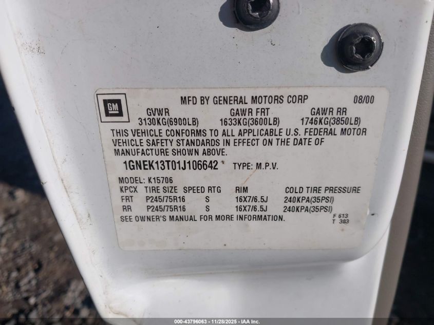 2001 Chevrolet Tahoe Ls VIN: 1GNEK13T01J106642 Lot: 43796063