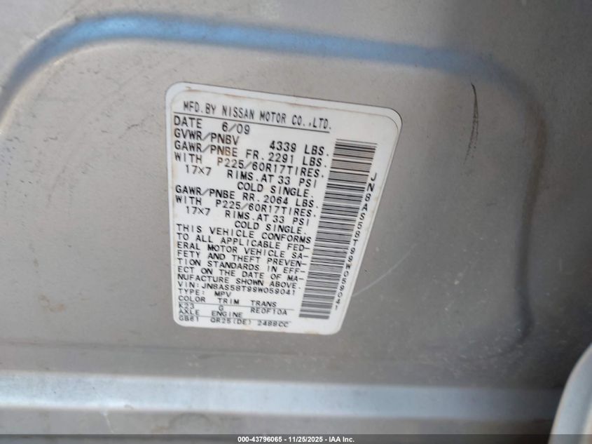 2009 Nissan Rogue Sl VIN: JN8AS58T99W059041 Lot: 43796065