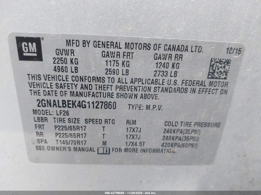 2016 Chevrolet Equinox Ls VIN: 2GNALBEK4G1127860 Lot: 43796068