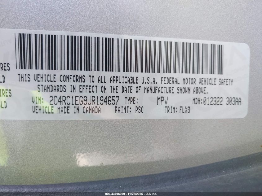 2018 Chrysler Pacifica Touring L Plus VIN: 2C4RC1EG9JR194657 Lot: 43796069