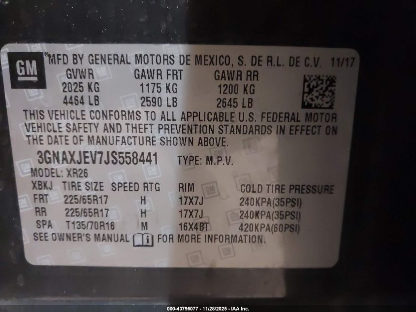 2018 Chevrolet Equinox Lt VIN: 3GNAXJEV7JS558441 Lot: 43796077