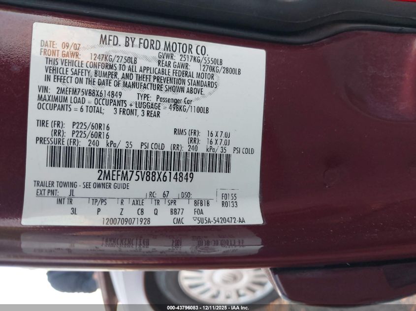 2008 Mercury Grand Marquis Ls VIN: 2MEFM75V88X614849 Lot: 43796083