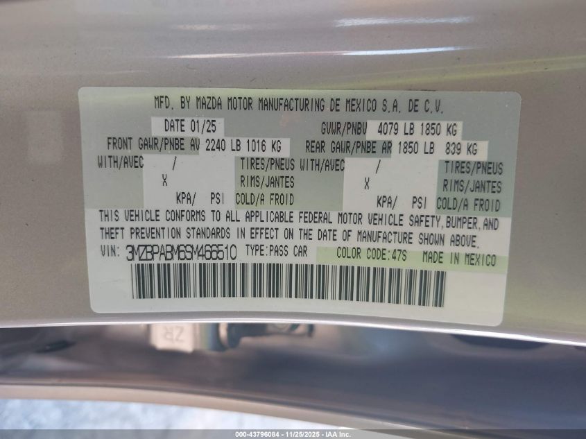 2025 Mazda Mazda3 2.5 S Select Sport VIN: 3MZBPABM6SM466510 Lot: 43796084