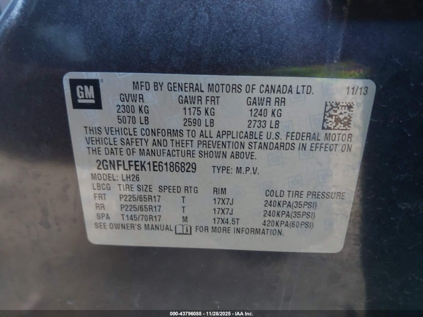 2014 Chevrolet Equinox 1Lt VIN: 2GNFLFEK1E6186829 Lot: 43796088