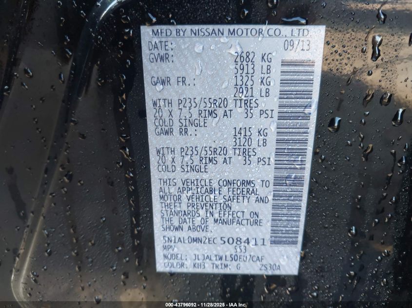 2014 Infiniti Qx60 VIN: 5N1AL0MN2EC508411 Lot: 43796092