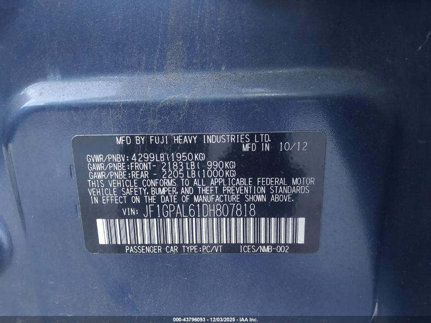 2013 Subaru Impreza 2.0I Sport Premium VIN: JF1GPAL61DH807818 Lot: 43796093