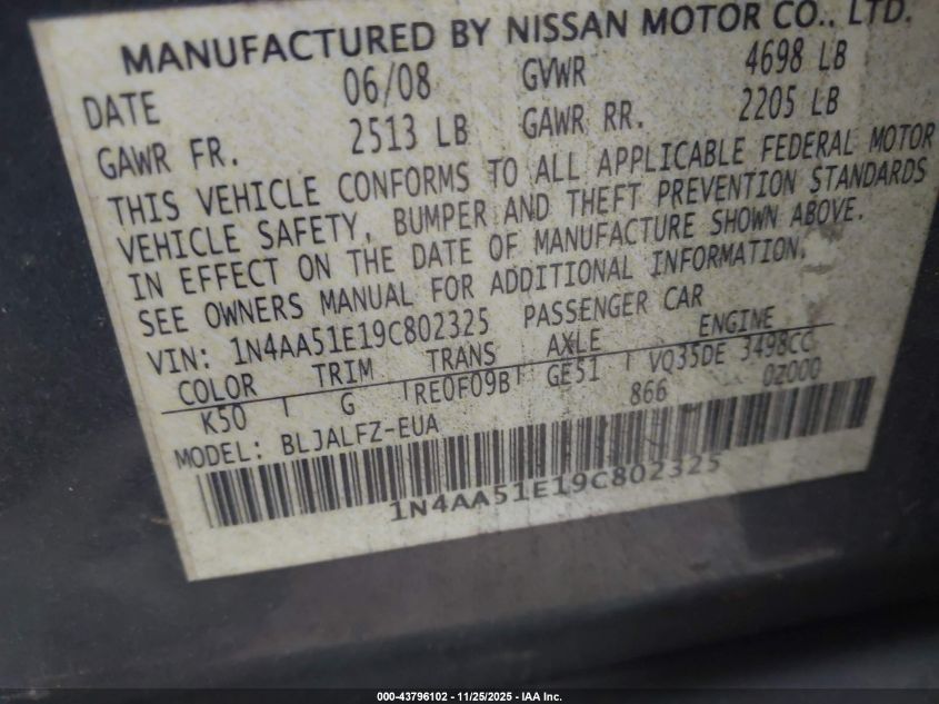 2009 Nissan Maxima 3.5 Sv VIN: 1N4AA51E19C802325 Lot: 43796102