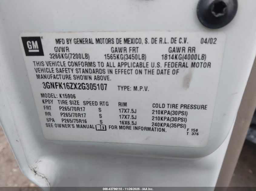 2002 Chevrolet Suburban 1500 Z71 VIN: 3GNFK16ZX2G305107 Lot: 43796110