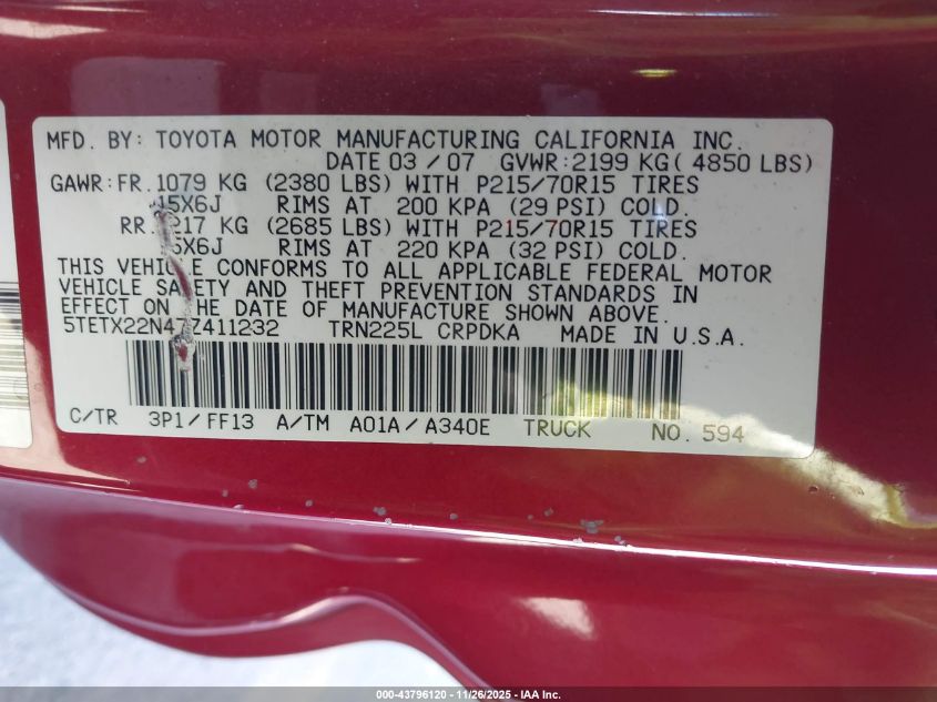 2007 Toyota Tacoma VIN: 5TETX22N47Z411232 Lot: 43796120
