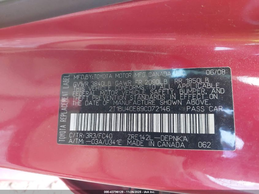 2009 Toyota Corolla Xle VIN: 2T1BU40E89C072146 Lot: 43796129