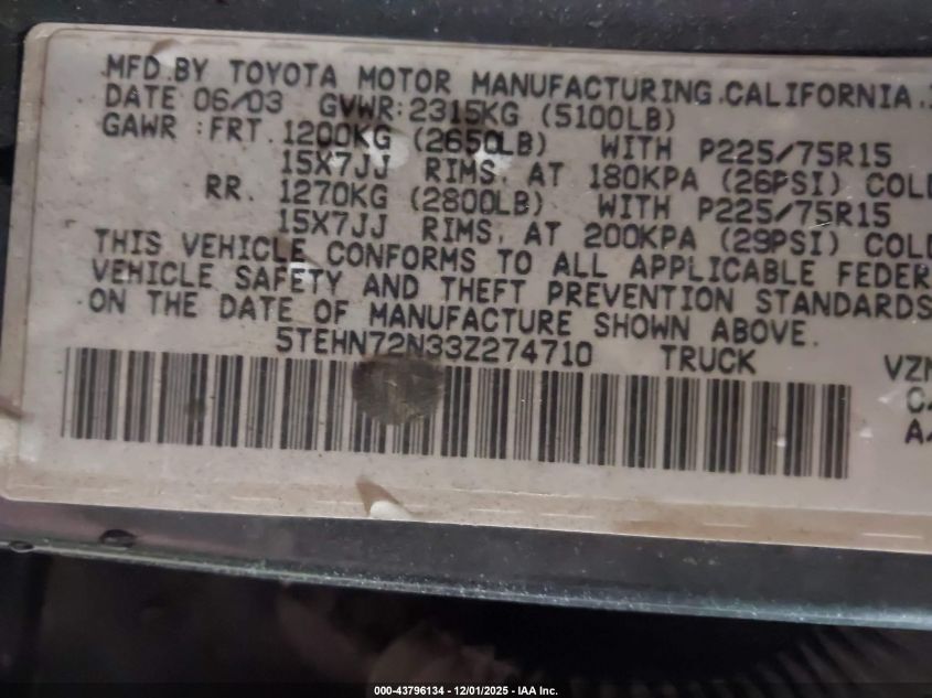 2003 Toyota Tacoma Base V6 VIN: 5TEHN72N33Z274710 Lot: 43796134