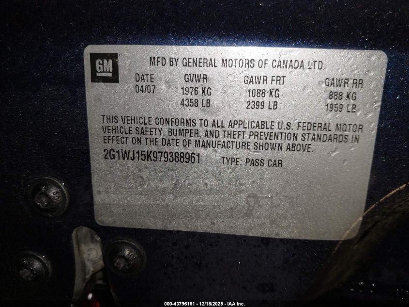 2007 Chevrolet Monte Carlo Ls VIN: 2G1WJ15K979388961 Lot: 43796161