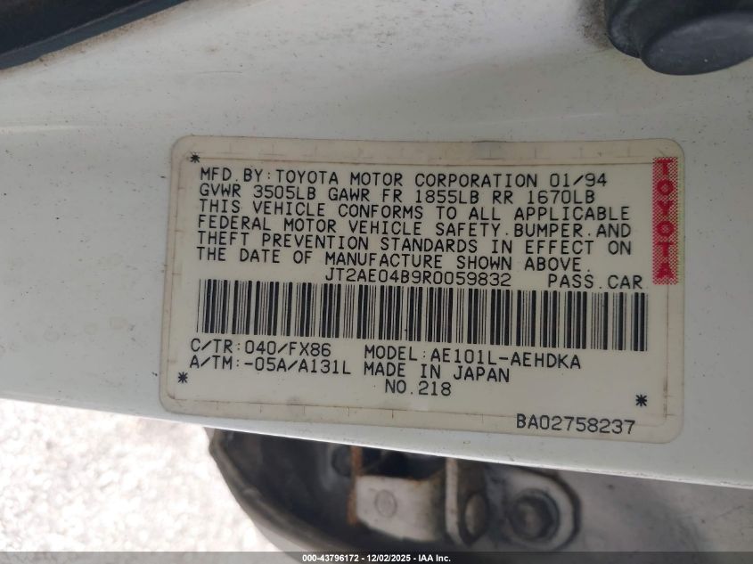 1994 Toyota Corolla VIN: JT2AE04B9R0059832 Lot: 43796172