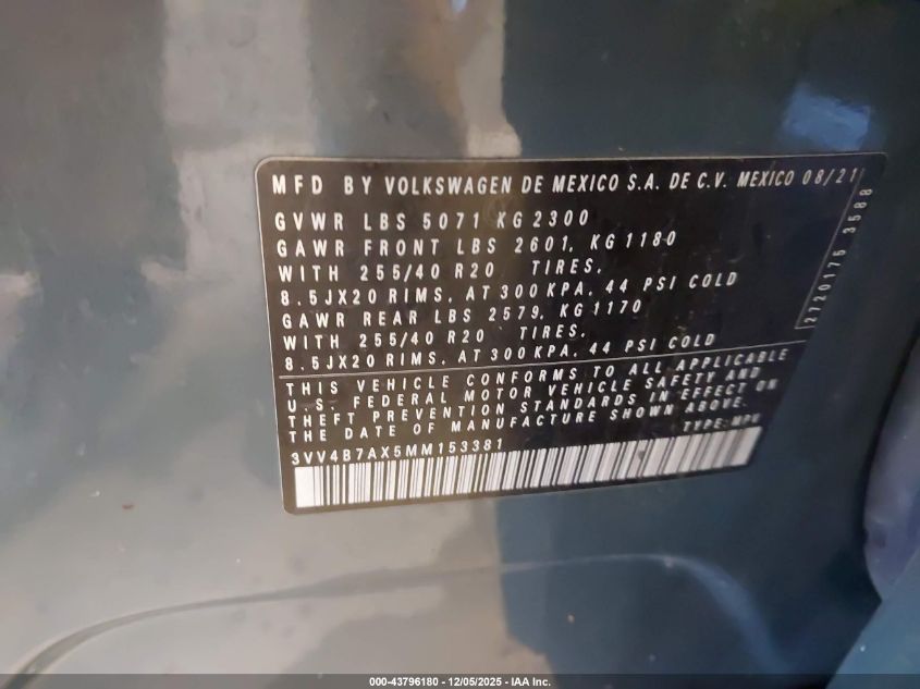 2021 Volkswagen Tiguan 2.0T Sel Premium R-Line VIN: 3VV4B7AX5MM153381 Lot: 43796180