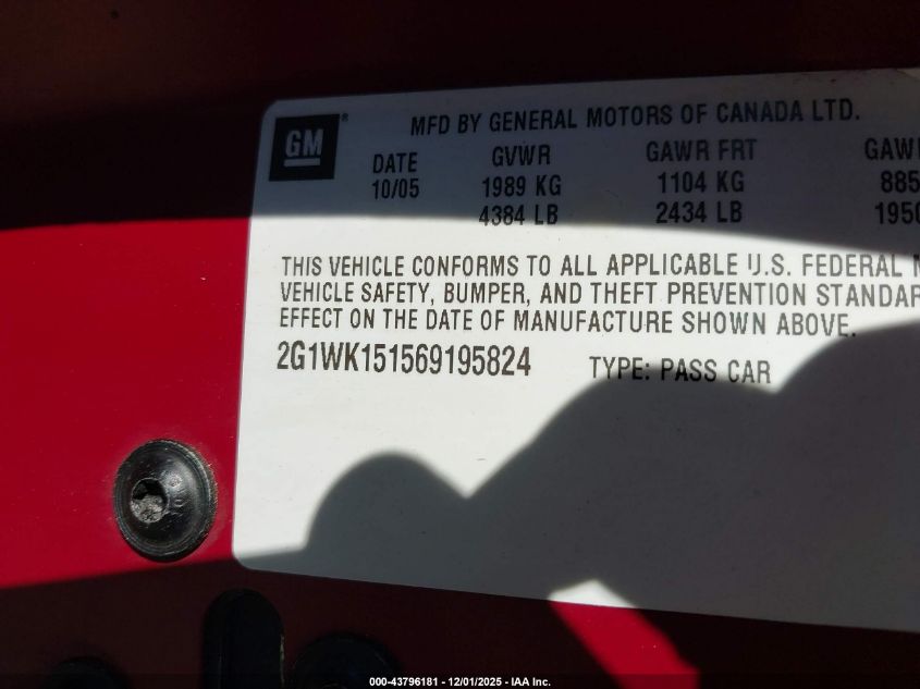 2006 Chevrolet Monte Carlo Lt VIN: 2G1WK151569195824 Lot: 43796181