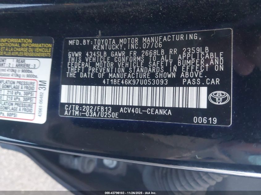 2007 Toyota Camry Le VIN: 4T1BE46K97U053093 Lot: 43796183