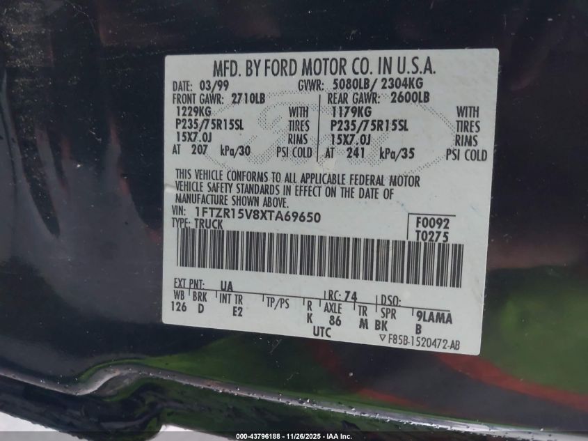 1999 Ford Ranger Xl/Xlt VIN: 1FTZR15V8XTA69650 Lot: 43796188