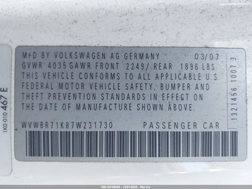 2007 Volkswagen Rabbit 2-Door VIN: WVWBR71K87W231730 Lot: 43796200