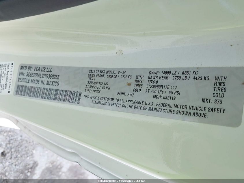 2024 Ram 3500 Tradesman 4X4 8' Box VIN: 3C63RRAL9RG360268 Lot: 43796205