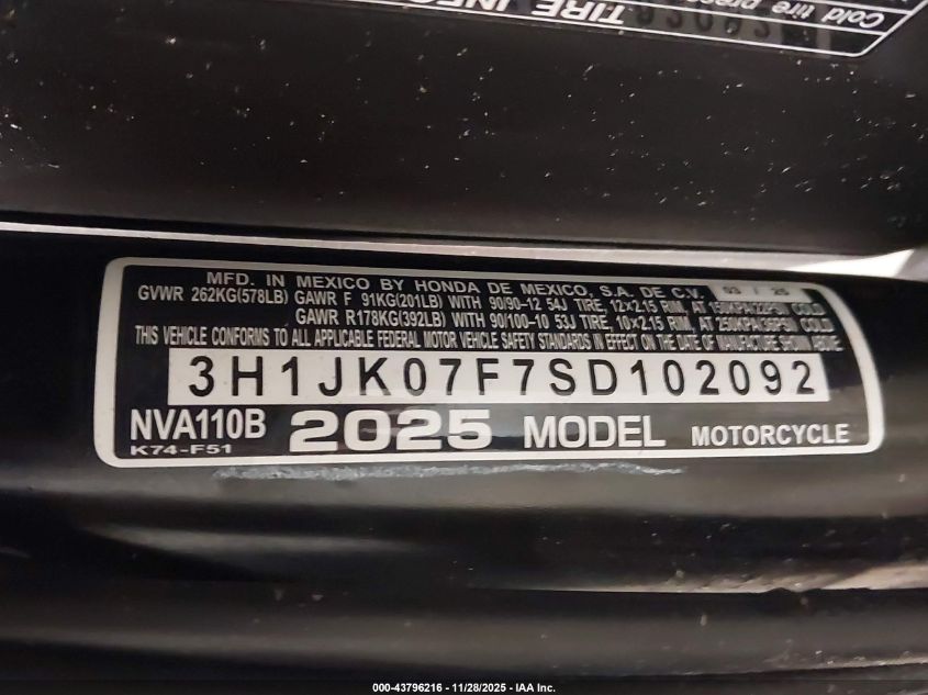 2025 Honda Nva110 B VIN: 3H1JK07F7SD102092 Lot: 43796216