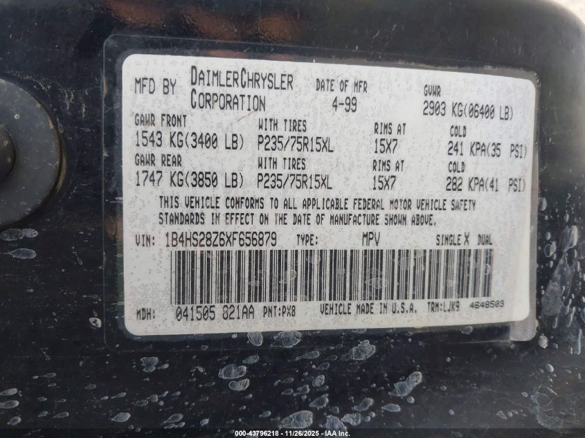 1999 Dodge Durango VIN: 1B4HS28Z6XF656879 Lot: 43796218