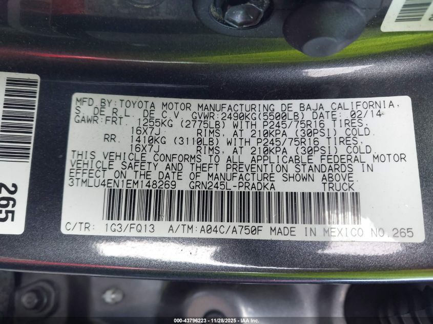 2014 Toyota Tacoma Base V6 VIN: 3TMLU4EN1EM148269 Lot: 43796223