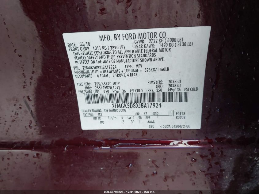 2018 Ford Flex Limited VIN: 2FMGK5D8XJBA17924 Lot: 43796228