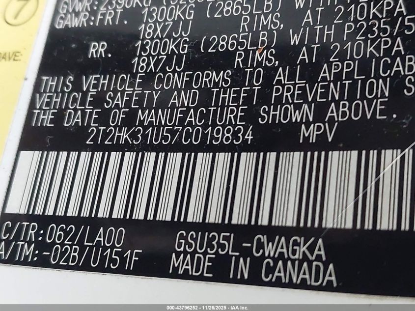 2007 Lexus Rx 350 VIN: 2T2HK31U57C019834 Lot: 43796252