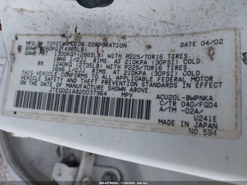 2002 Toyota Highlander VIN: JTEGD21A820037964 Lot: 43796290