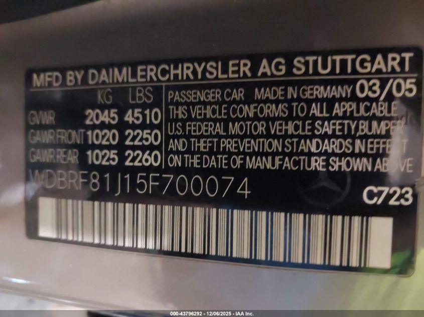 2005 Mercedes-Benz C 240 Luxury 4Matic VIN: WDBRF81J15F700074 Lot: 43796292