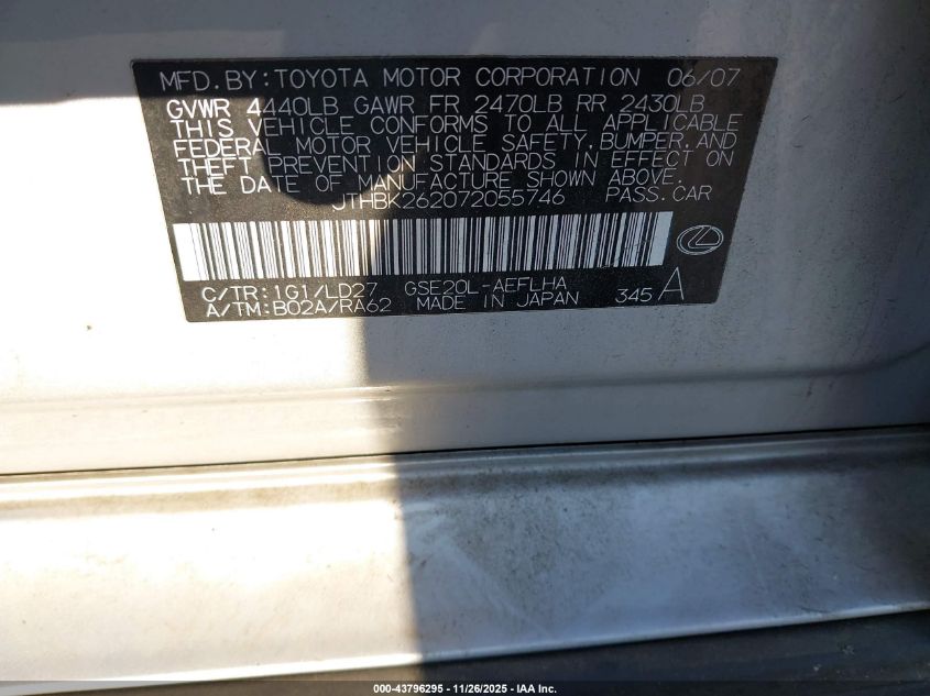 2007 Lexus Is 250 VIN: JTHBK262072055746 Lot: 43796295