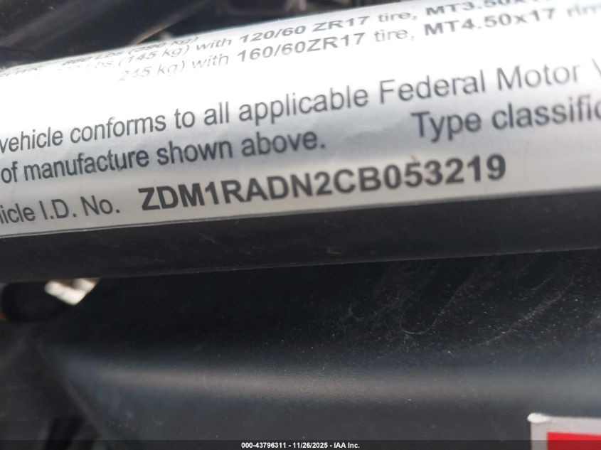 2012 Ducati Monster 696 VIN: ZDM1RADN2CB053219 Lot: 43796311