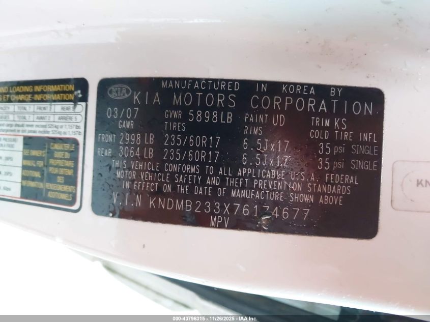 2007 Kia Sedona Ex VIN: KNDMB233X76174677 Lot: 43796315