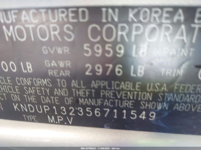 2005 Kia Sedona Ex/Lx VIN: KNDUP132356711549 Lot: 43796322