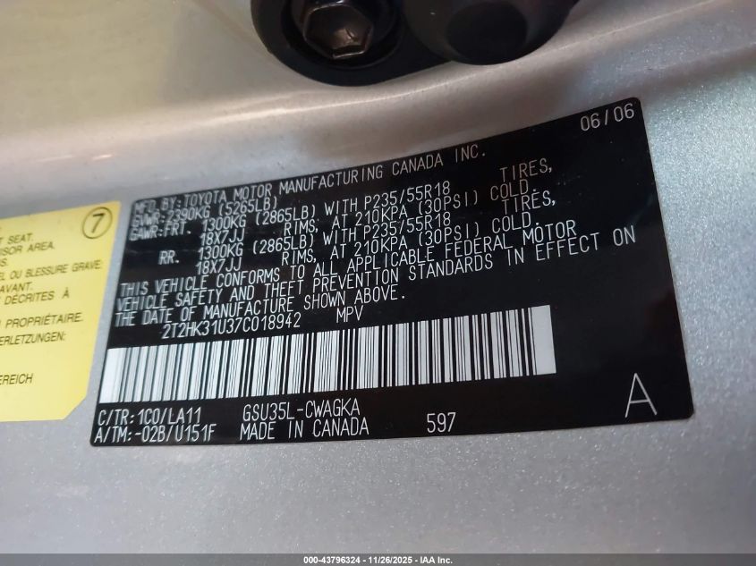 2007 Lexus Rx 350 VIN: 2T2HK31U37C018942 Lot: 43796324