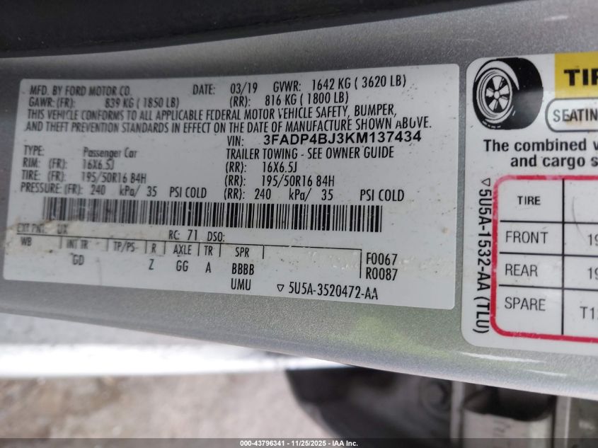 2019 Ford Fiesta Se VIN: 3FADP4BJ3KM137434 Lot: 43796341