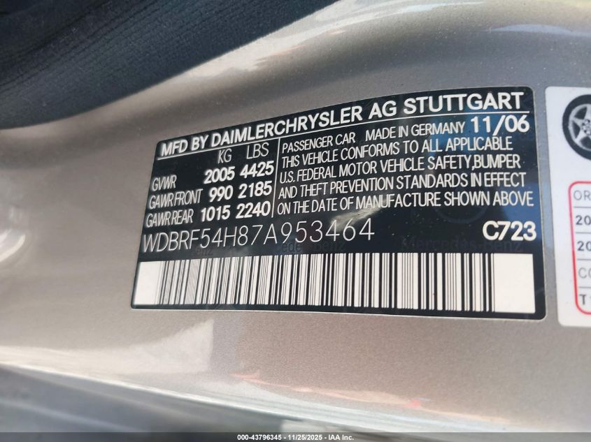 2007 Mercedes-Benz C 280 Luxury VIN: WDBRF54H87A953464 Lot: 43796345