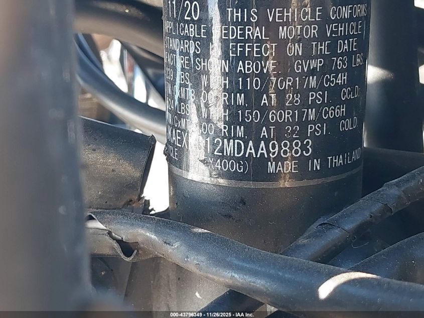 2021 Kawasaki Ex400 VIN: JKAEXKG12MDAA9883 Lot: 43796349