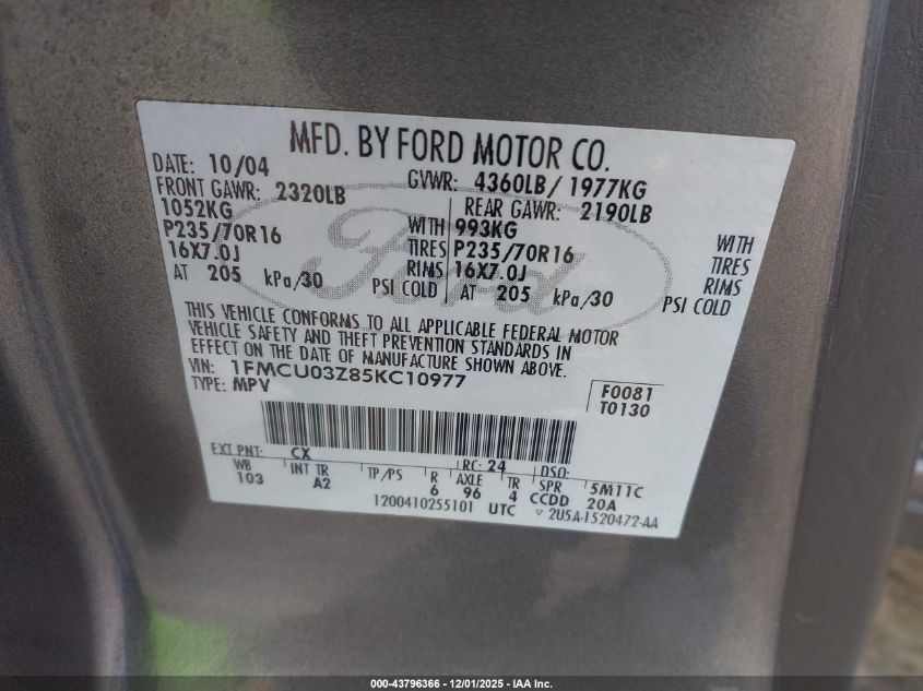 2005 Ford Escape Xlt VIN: 1FMCU03Z85KC10977 Lot: 43796366