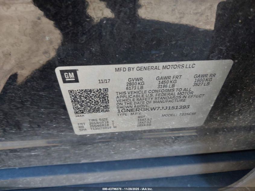 2018 Chevrolet Traverse 1Lt VIN: 1GNERGKW7JJ151393 Lot: 43796378