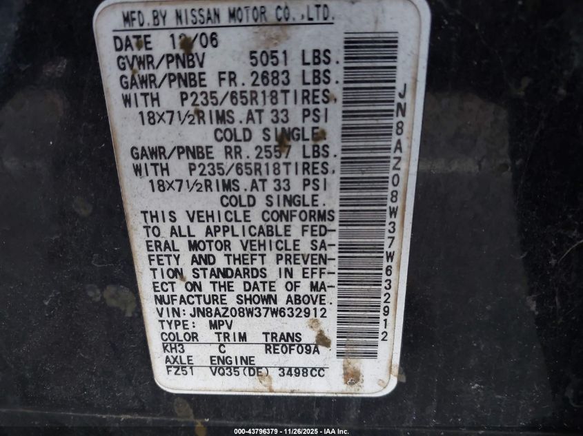 2007 Nissan Murano Sl VIN: JN8AZ08W37W632912 Lot: 43796379