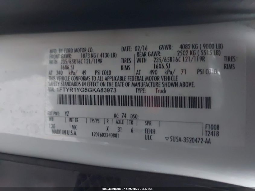 2016 Ford Transit-250 VIN: 1FTYR1YG5GKA83973 Lot: 43796380