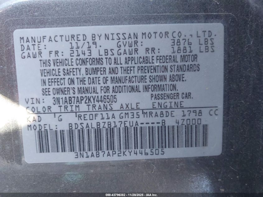 2019 Nissan Sentra S VIN: 3N1AB7AP2KY446505 Lot: 43796382