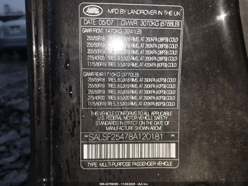 2008 Land Rover Range Rover Sport Hse VIN: SALSF25478A120181 Lot: 43796390