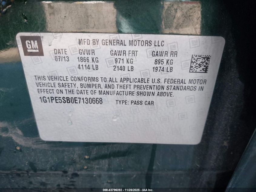 2014 Chevrolet Cruze 2Lt Auto VIN: 1G1PE5SB0E7130668 Lot: 43796392