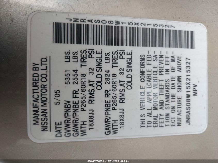 2005 Infiniti Fx35 VIN: JNRAS08W15X215327 Lot: 43796393