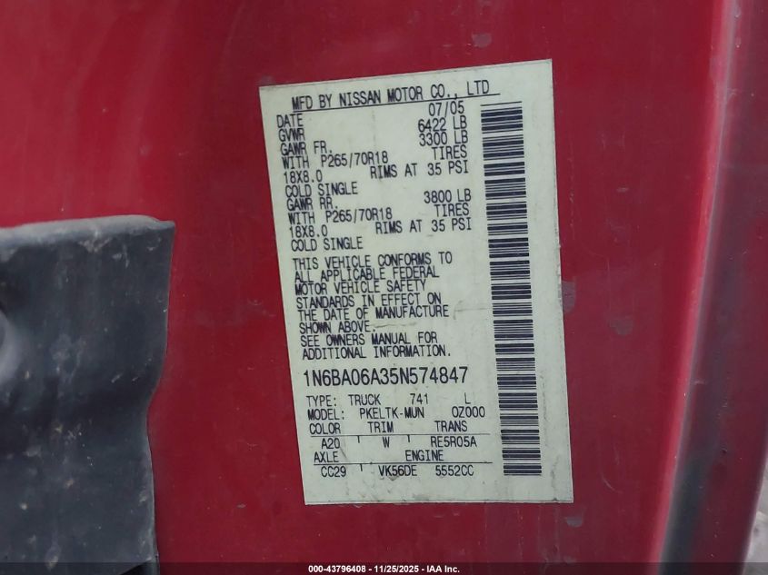 2005 Nissan Titan Se VIN: 1N6BA06A35N574847 Lot: 43796408